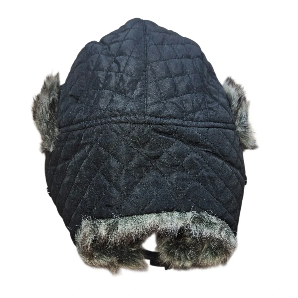 American Rag Trapper Hat Black Quilted Faux Fur Lined Winter Ear Flaps One Size